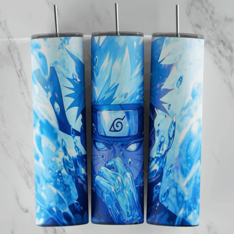 A full 20 oz skinny tumbler wrap of Naruto wearing his leaf village headband, surrounded by glowing blue ice and chakra shards. Sublimation design