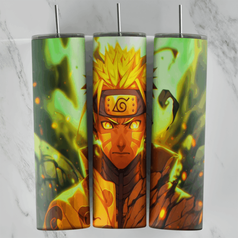 A full 20 oz skinny tumbler wrap of Naruto with blond hair and a leaf headband, lit by yellow and green glowing chakra. Sublimation design