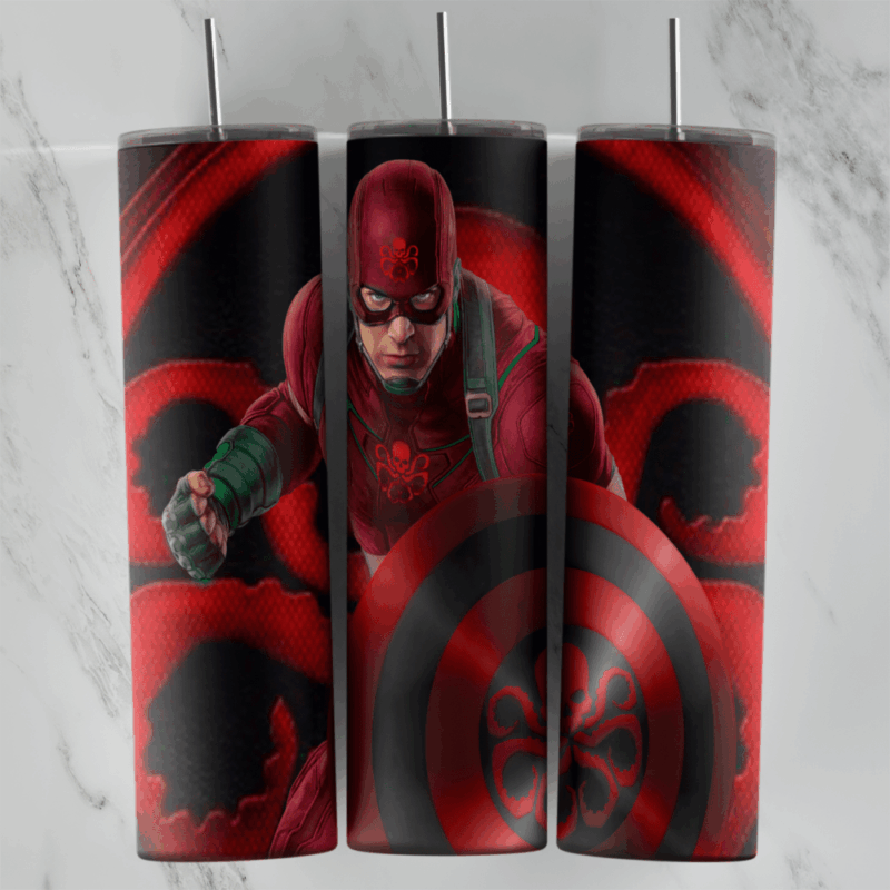 A 20 oz skinny tumbler wrap in red and black with Captain America in a red toned suit, large shield rings and Hydra emblems. Sublimation design