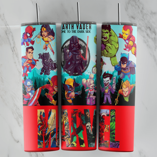 20 Oz Marvel Chibi Heroes and Villains Tumbler Cup Design