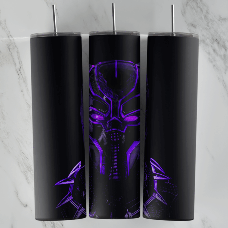 A Black Panther tumbler wrap with the panther mask and claws outlined in glowing purple neon lines on a black background. Sublimation design
