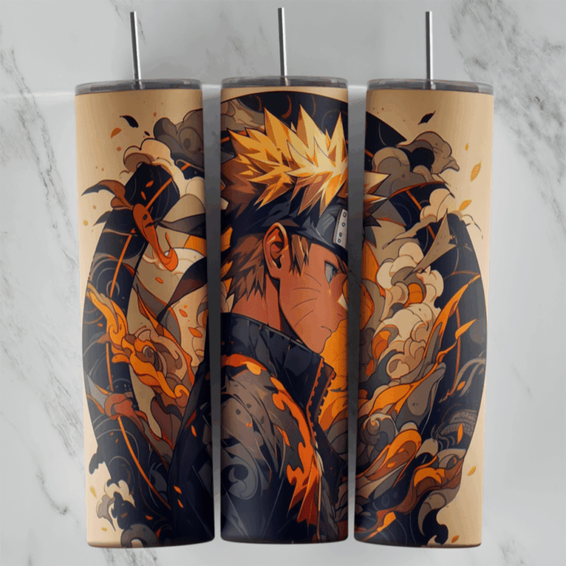A full 20 oz skinny tumbler wrap of Naruto in a painted anime style, with orange flames and swirling smoke on a beige and black. Sublimation design