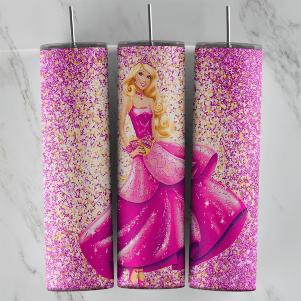 20 Oz Barbie Pink Glitter Ballgown Tumbler Cup Design