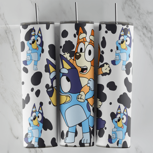 20 Oz Bluey and Bingo Cow Print Tumbler Cup Design