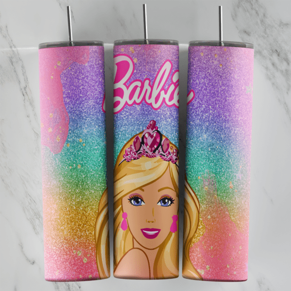20 Oz Barbie Rainbow Glitter Face Tumbler Cup Design