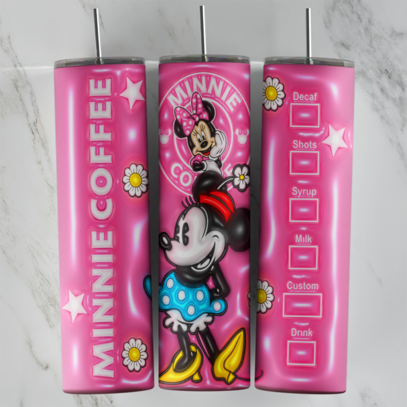 A full 20 oz skinny tumbler wrap in puffy 3D style on hot pink with classic Minnie Mouse in a blue polka dot dress, a Minnie. Sublimation design