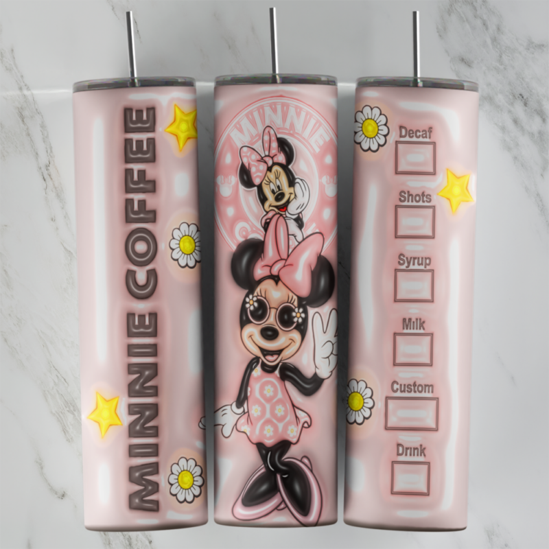A full 20 oz skinny tumbler wrap in puffy 3D style on blush pink with Minnie Mouse in sunglasses, a Minnie Coffee badge, yellow. Sublimation design