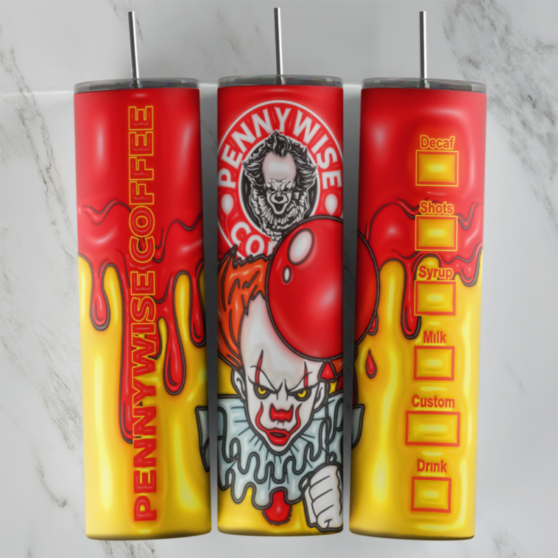 A 20 oz skinny tumbler wrap with a 3D look: Pennywise holding a red balloon under a Pennywise Coffee logo in the Starbucks style. Sublimation design