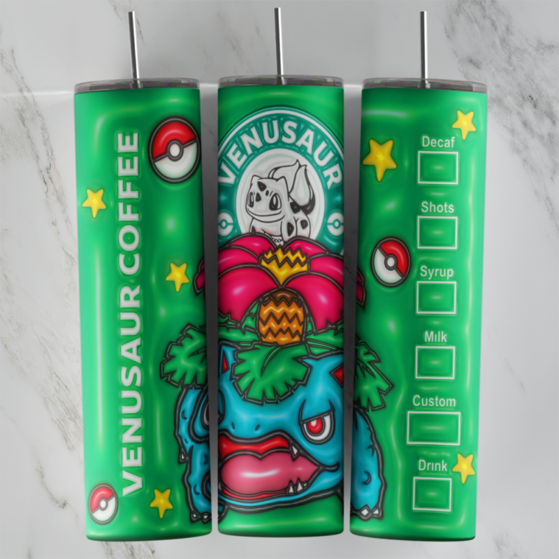 A 3D inflated style Pokemon coffee tumbler wrap on green: Venusaur, Venusaur Coffee lettering, a round coffee logo, Poke Balls. Sublimation design