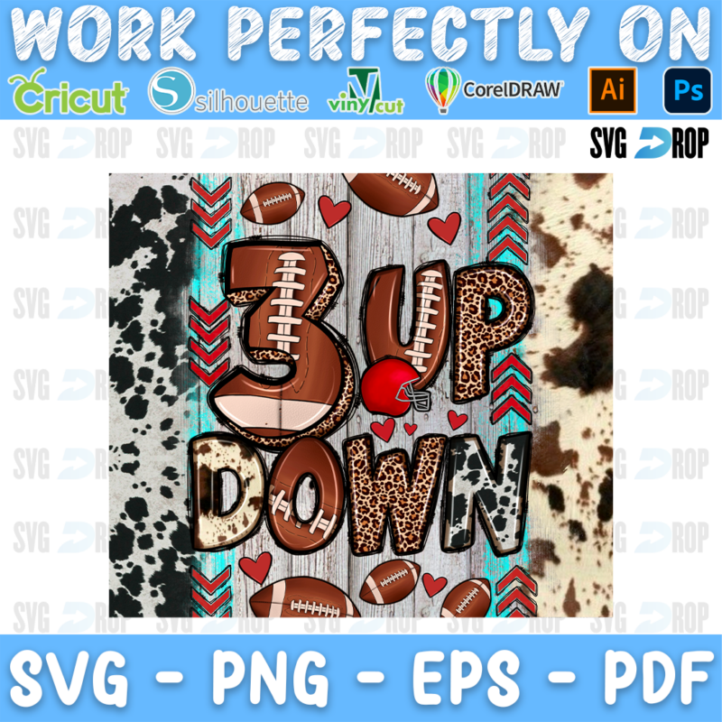 A football sublimation design: 3 Up 3 Down in football and leopard letters with a red helmet, over a square panel of cowhide, wood. Sublimation PNG