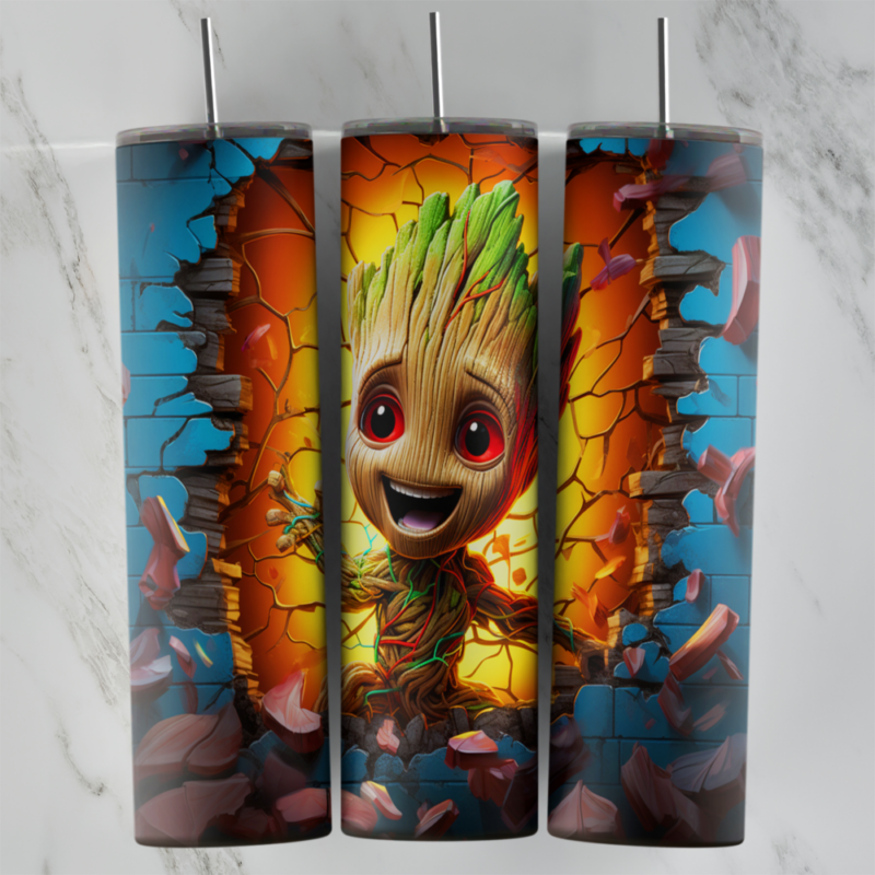 A 20 oz skinny tumbler wrap with a 3D look: a smiling Baby Groot bursting through a cracked blue brick wall with glowing orange. Sublimation design
