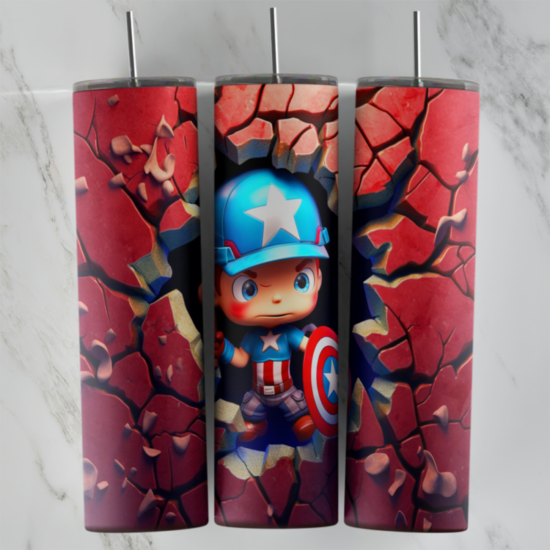 A full 20 oz skinny tumbler wrap with a small cartoon Captain America in a star cap and shield, breaking out of a cracked red. Sublimation design