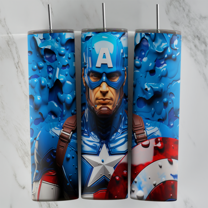 A full 20 oz skinny tumbler wrap with a realistic Captain America in his A helmet and star uniform, holding his shield against. Sublimation design