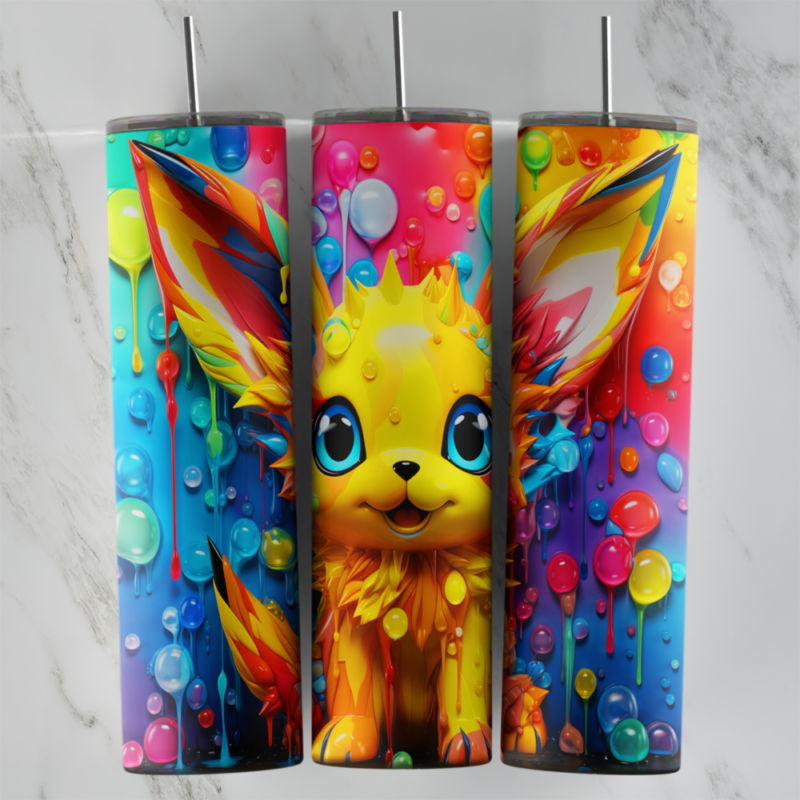 A full 20 oz skinny tumbler wrap with a fluffy yellow Pikachu style creature with big ears, surrounded by rainbow paint drips. Sublimation design