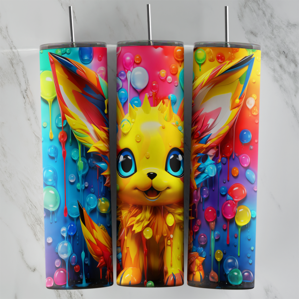 20 Oz 3D Pikachu Rainbow Paint Drip Tumbler Cup Design