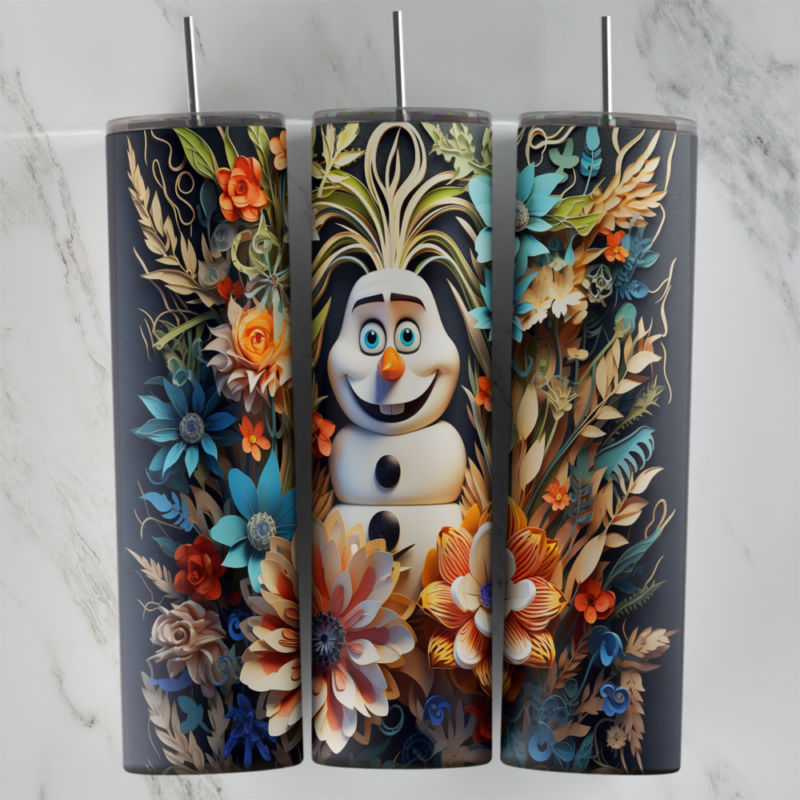 A full 20 oz skinny tumbler wrap in 3D paper cut style with a smiling Olaf framed by layered blue, orange and cream flowers. Sublimation design