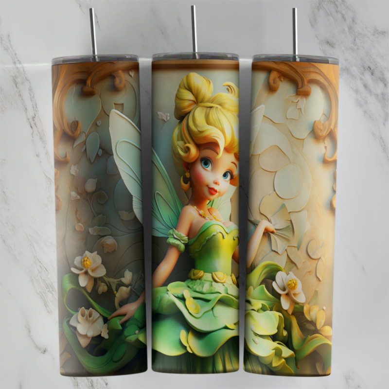 A full 20 oz skinny tumbler wrap with a 3D style Tinker Bell in a green leaf dress, set against cream carved panels with gold. Sublimation design