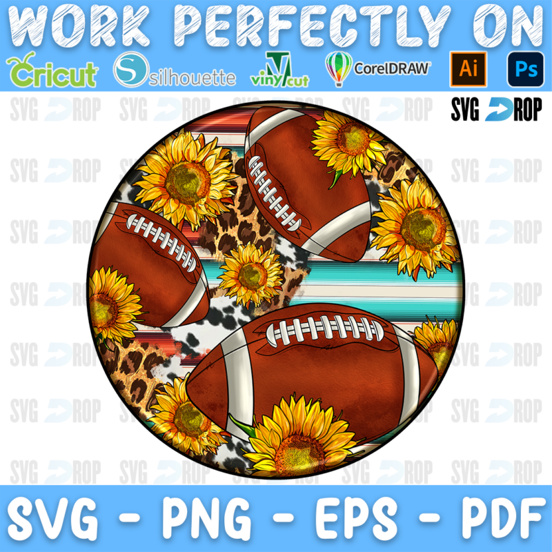 A round sublimation pattern of several brown American footballs scattered between sunflowers, leopard print, cowhide and a turquoise. Sublimation PNG