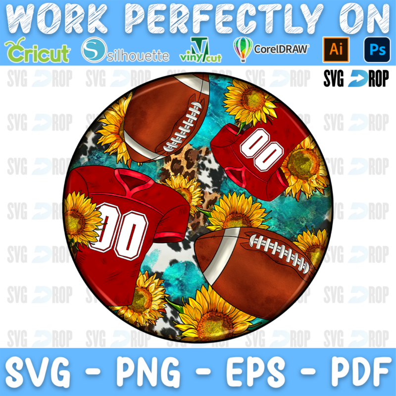 A round sublimation pattern of brown American footballs and red number 00 jerseys between sunflowers, leopard print, cowhide. Sublimation PNG