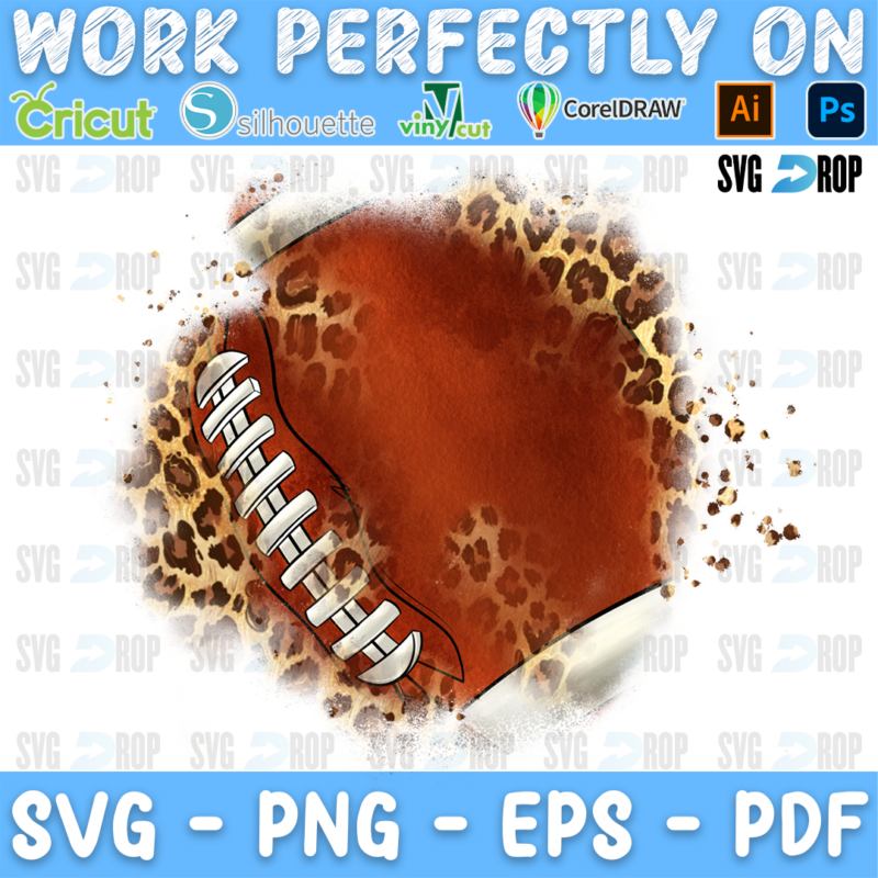 A watercolor American football background patch with white laces, leopard print splashes and worn edges, laces curving down the left. Sublimation PNG