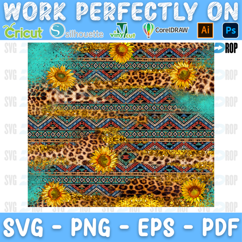 A serape stripe pattern with turquoise, leopard print and sunflower bands. Sublimation PNG