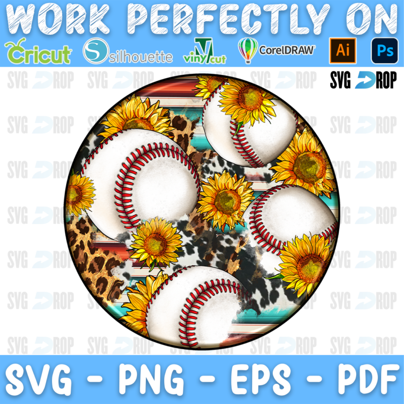 A round car coaster with baseballs, sunflowers, leopard print, cowhide and serape. Sublimation PNG