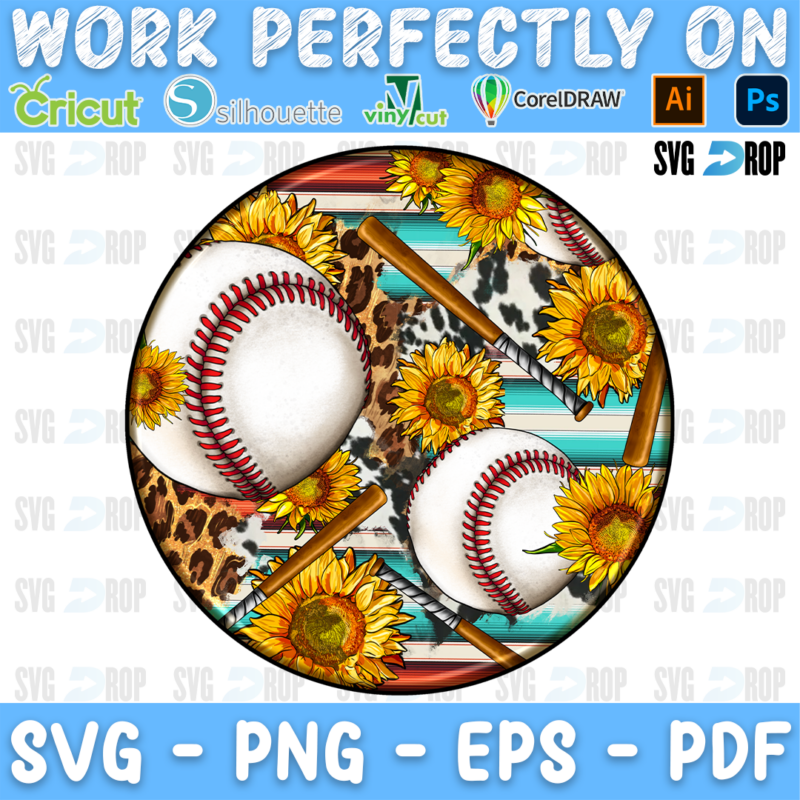A round western baseball car coaster design: two baseballs and wooden bats among sunflowers, with leopard print, cowhide and serape. Sublimation PNG