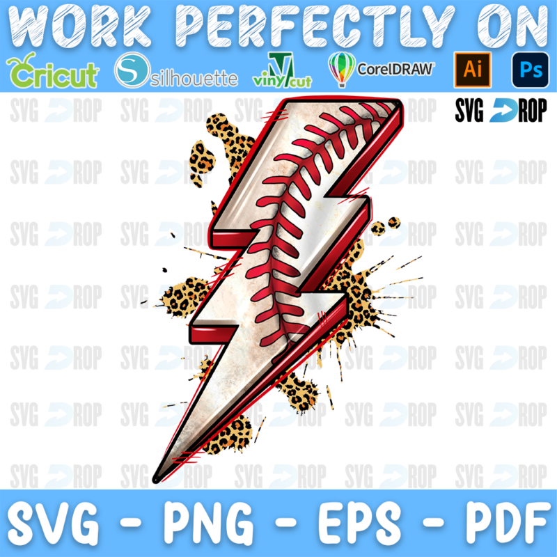 A baseball sublimation design: a lightning bolt with red baseball stitches, cream fill and a leopard print texture behind it. Sublimation PNG
