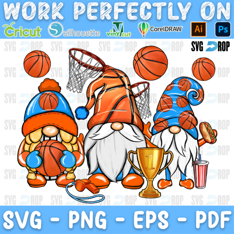 Three basketball gnomes in orange and blue with a hoop, a trophy, basketballs and a soda. Sublimation PNG