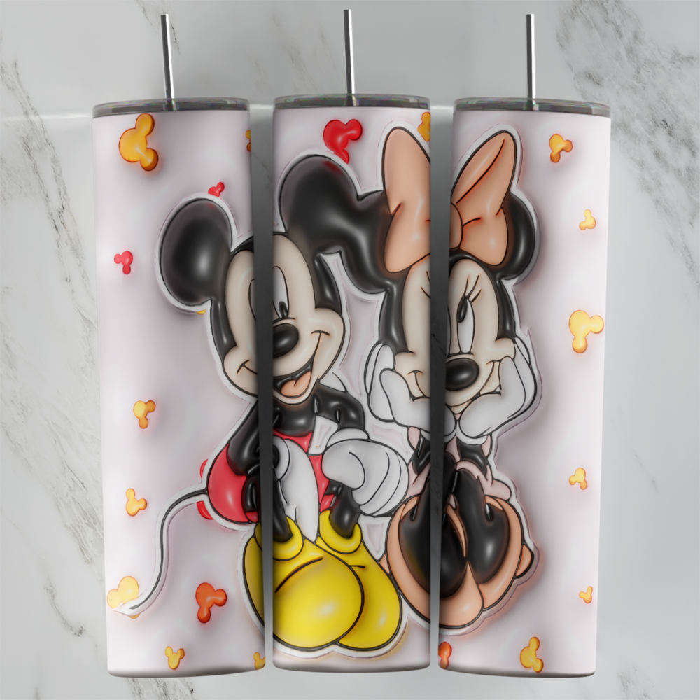 A 20 oz skinny tumbler wrap with puffy 3D style Mickey and Minnie Mouse sitting together on a white background with small. Sublimation design