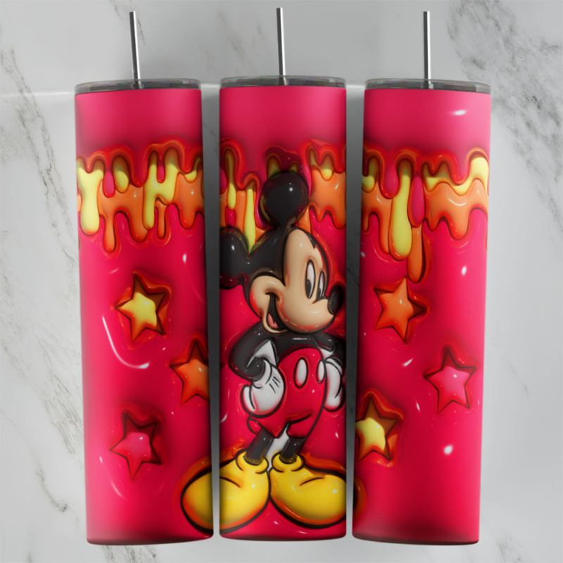 A 20 oz skinny tumbler wrap with a puffy 3D style Mickey Mouse on a pink background with a yellow and red paint drip border. Sublimation design