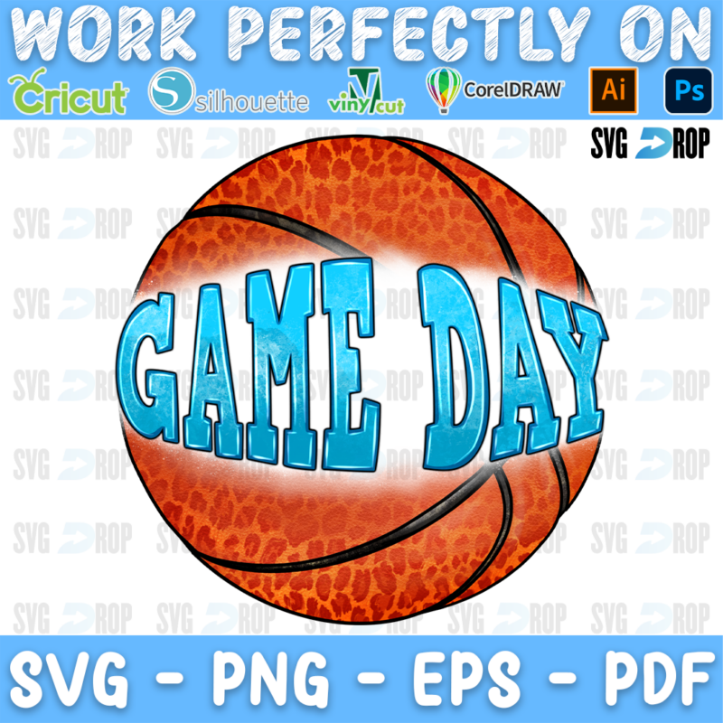 Game Day lettering in blue letters across an orange basketball with leopard texture. Sublimation PNG