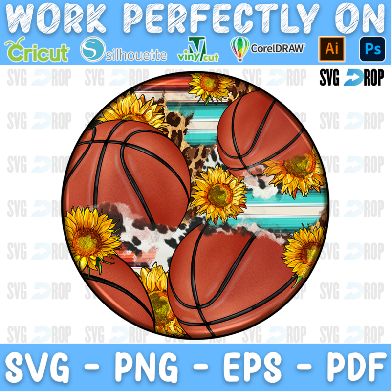 A round western basketball car coaster design: large close up basketballs filling the circle, with sunflowers, cowhide. Sublimation PNG