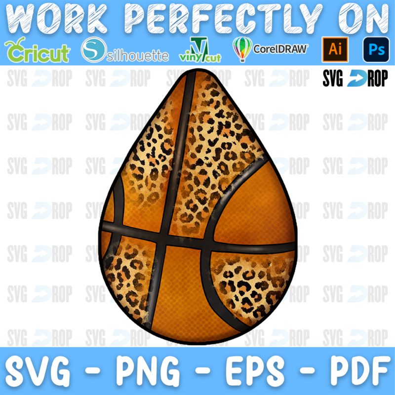 A teardrop sublimation design shaped like a basketball, with black seam lines over an orange leather and leopard print texture. Sublimation PNG