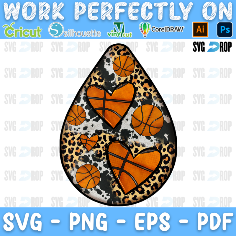 A teardrop car coaster with basketballs, basketball hearts, leopard print and cowhide. Sublimation PNG