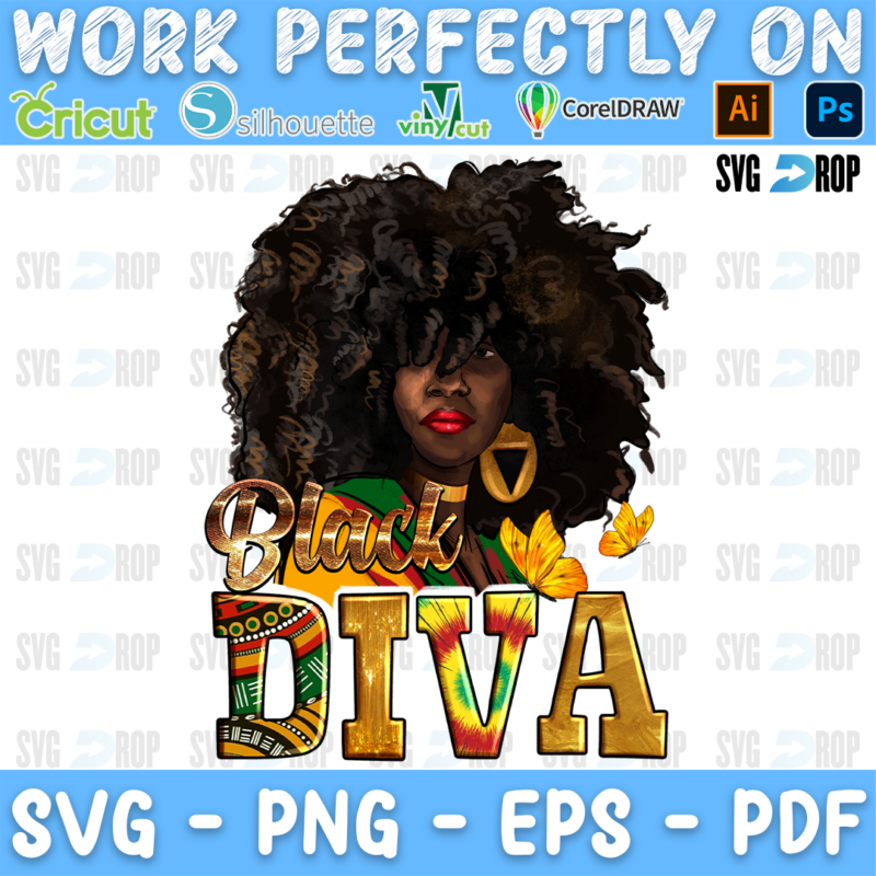 A Black woman with a big afro and red lips above Black Diva lettering in gold and kente pattern letters. Sublimation PNG