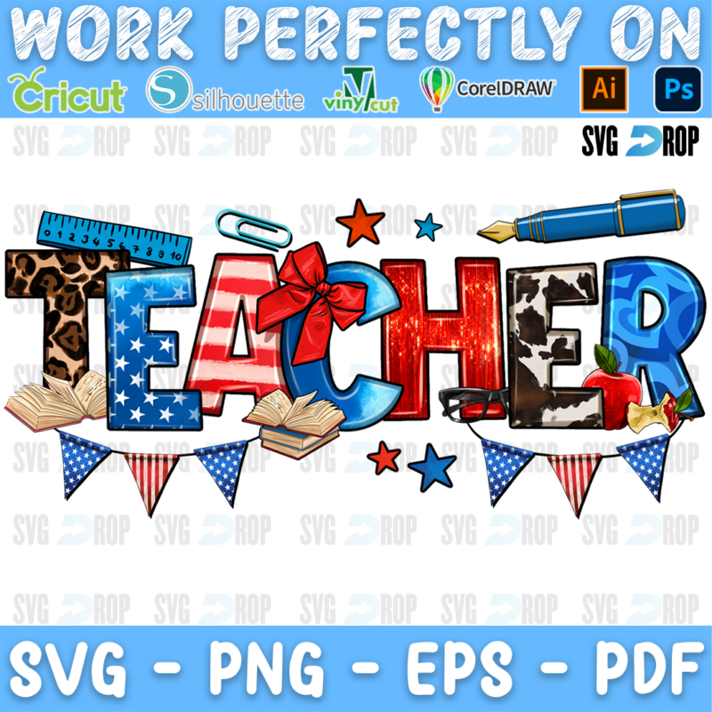 Teacher lettering in leopard, flag and cowhide letters with a bow, a ruler, a pencil, an apple, stars and patriotic bunting. Sublimation PNG