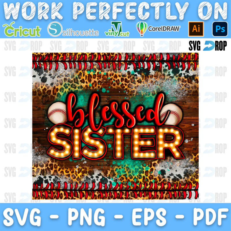 Blessed Sister lettering in red script and marquee light letters with baseballs on wood, leopard and turquoise. Sublimation PNG