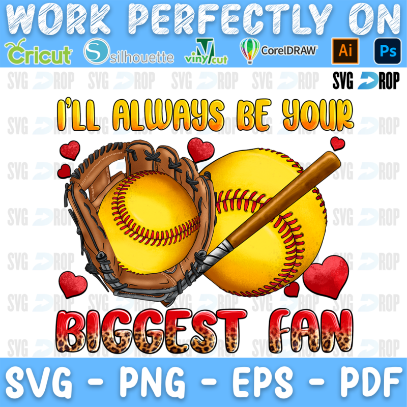 A softball sublimation design: a glove, two yellow softballs and a bat forming an infinity shape with red hearts, between I’ll. Sublimation PNG