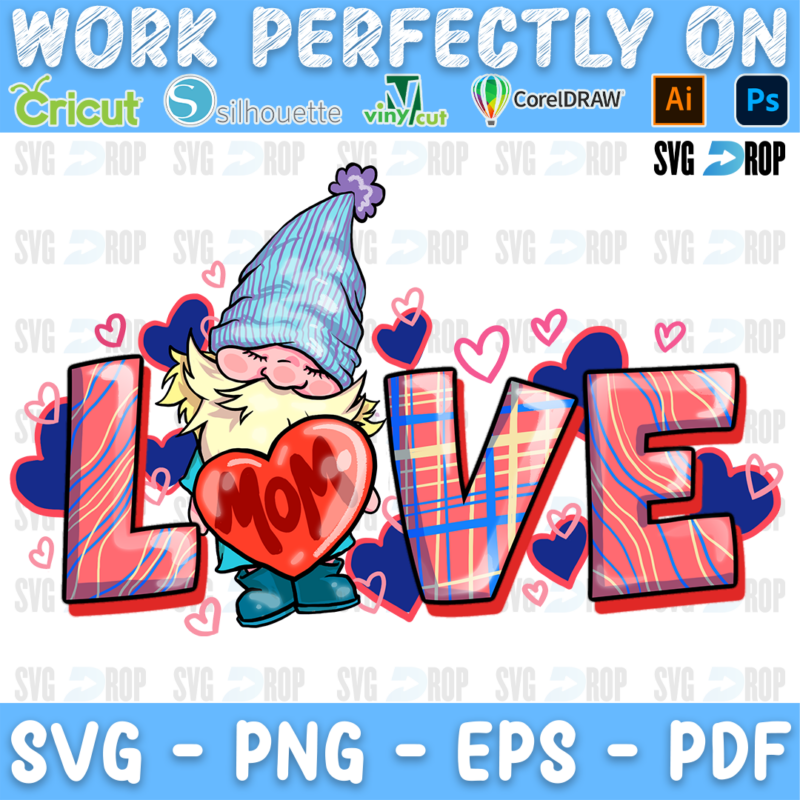 LOVE in pink, plaid and blue swirl letters with a gnome holding a Mom heart and small hearts. Sublimation PNG