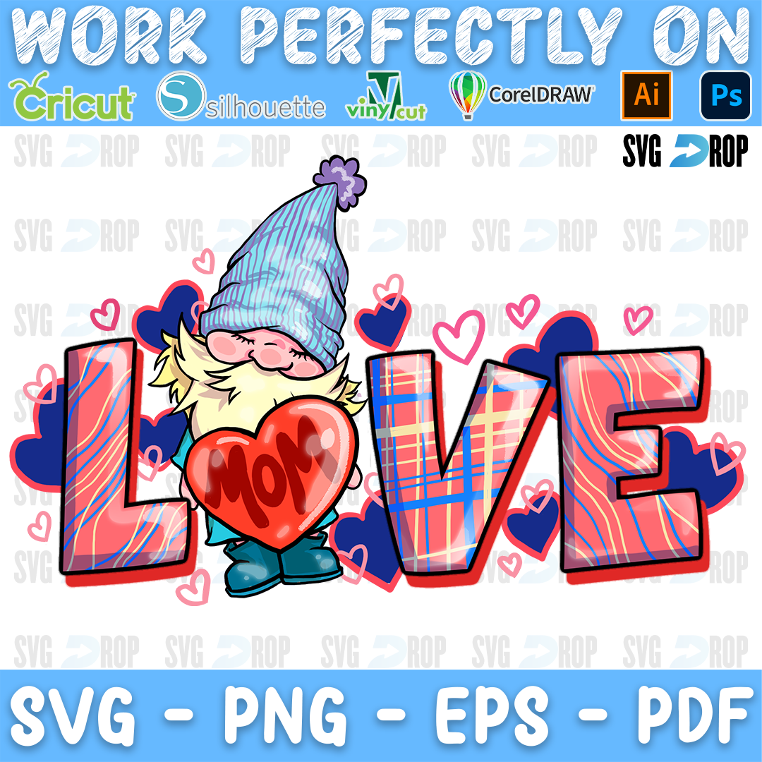 LOVE in pink, plaid and blue swirl letters with a gnome holding a Mom heart and small hearts. Sublimation PNG