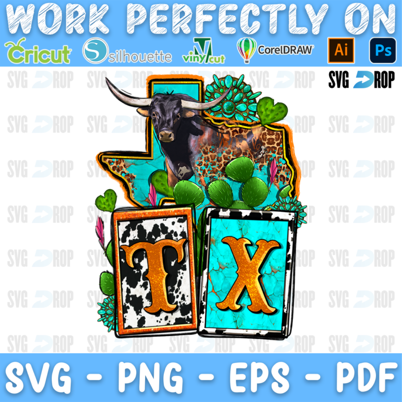 TX lettering in cowhide and turquoise tiles with a Texas map, a longhorn bull, cactus and turquoise gemstones. Sublimation PNG