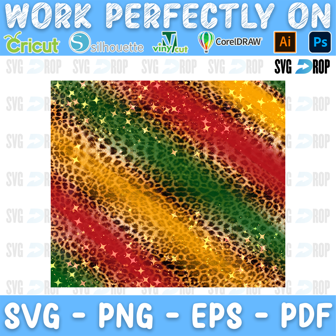 Red, yellow and green diagonal stripes with leopard print and gold stars. Sublimation PNG