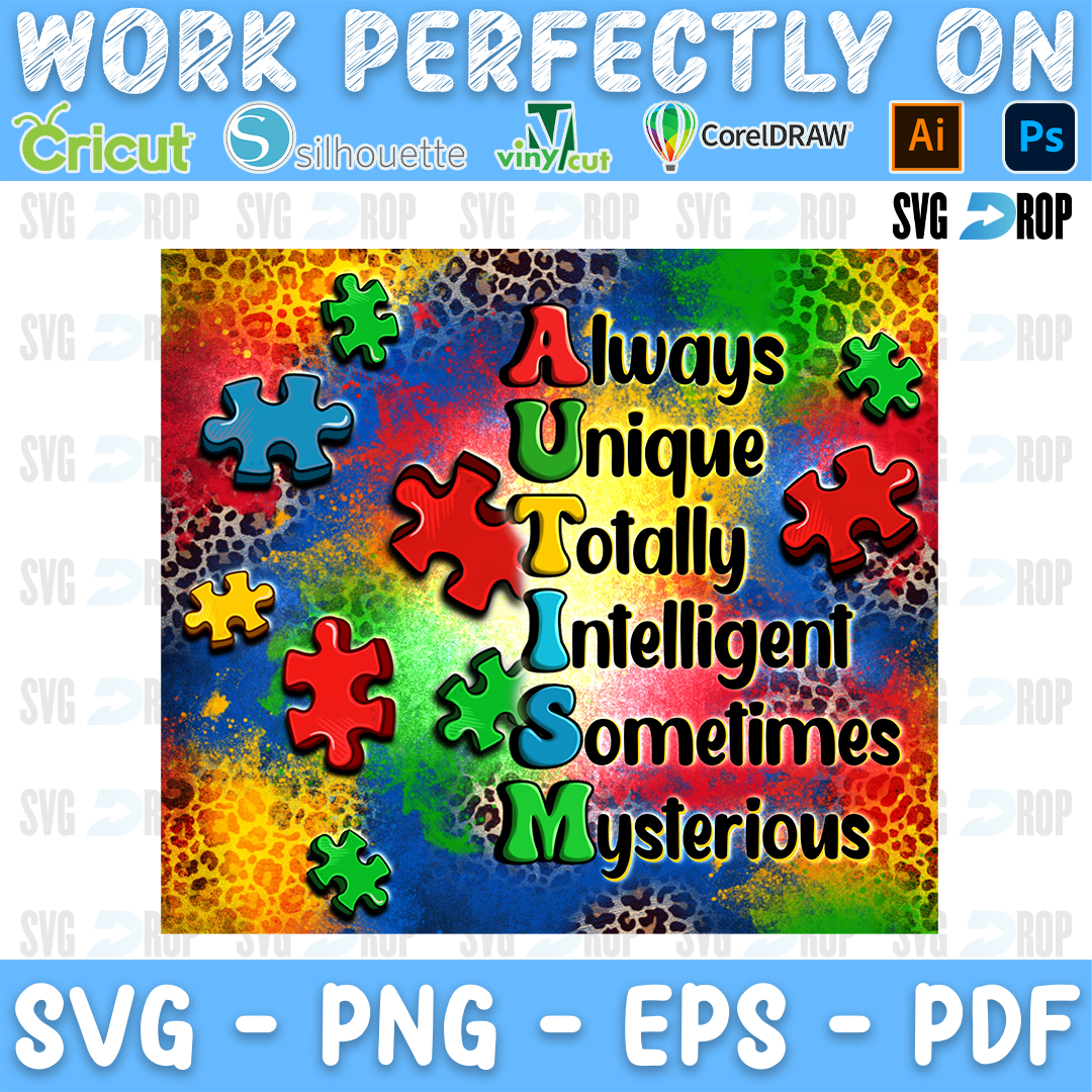 An Always Unique Totally Intelligent Sometimes Mysterious acrostic of AUTISM on a rainbow leopard background with puzzle pieces. Sublimation PNG
