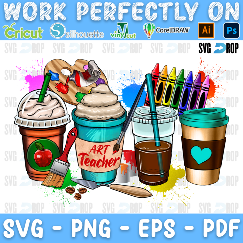 Art Teacher coffee cups with an apple cup, crayons, paintbrushes and a paint palette. Sublimation PNG