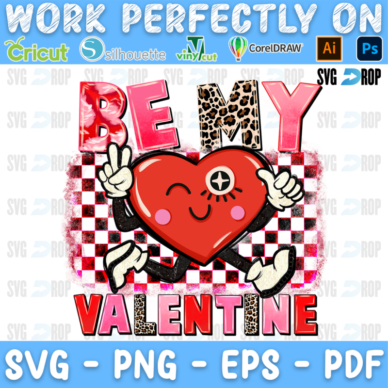 Be My Valentine lettering in red and leopard letters with a smiling cartoon heart on a red checkered background. Sublimation PNG