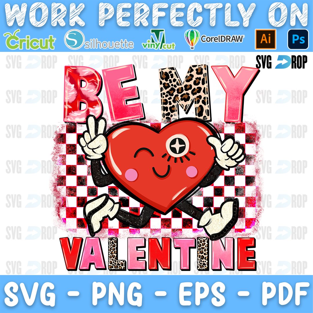 Be My Valentine lettering in red and leopard letters with a smiling cartoon heart on a red checkered background. Sublimation PNG