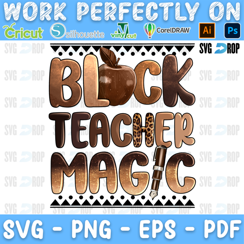 Black Teacher Magic lettering in brown letters with an apple and a pencil on a black and white pattern. Sublimation PNG