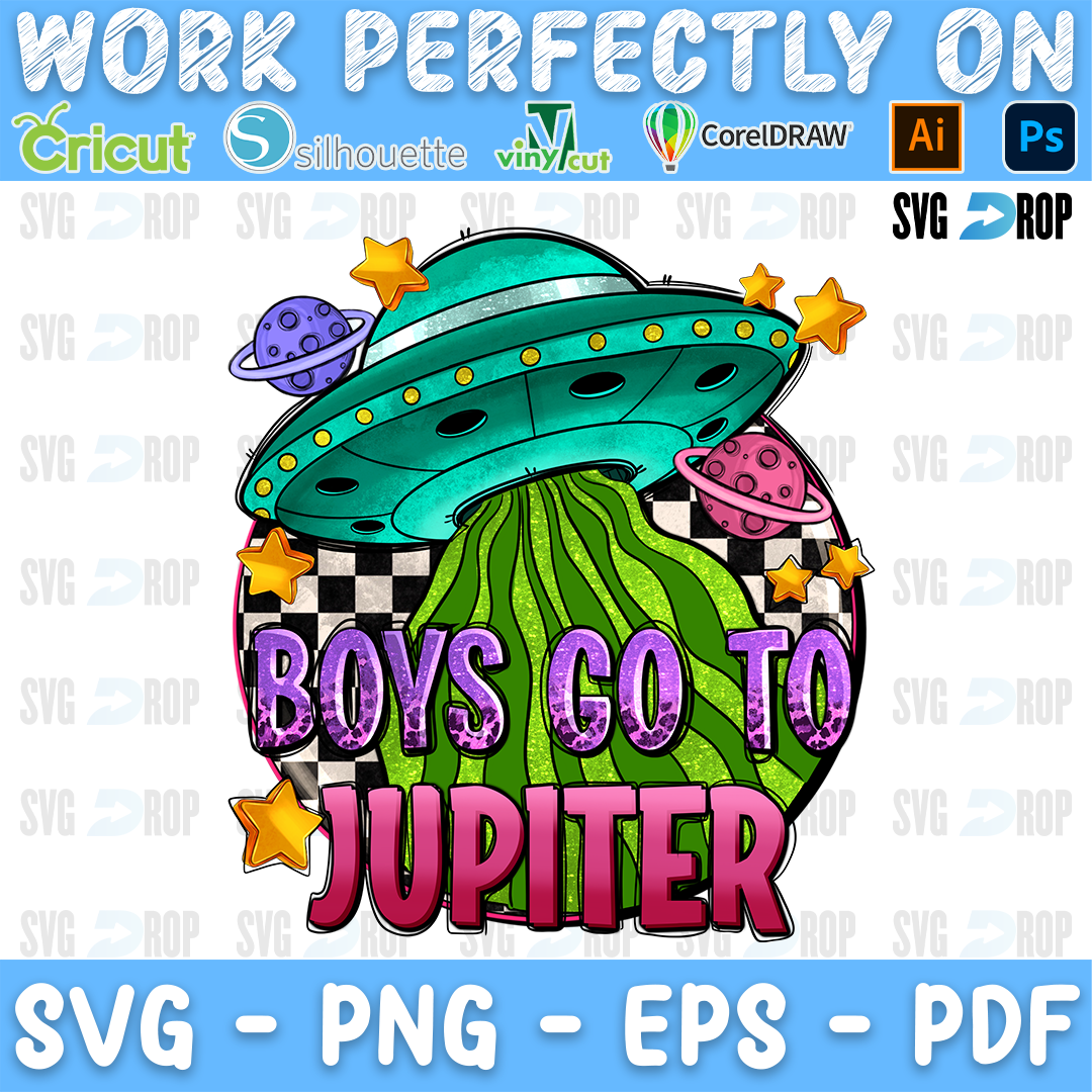 A retro space sublimation design: a teal flying saucer beaming green light over a checkered circle with planets and stars. Sublimation PNG
