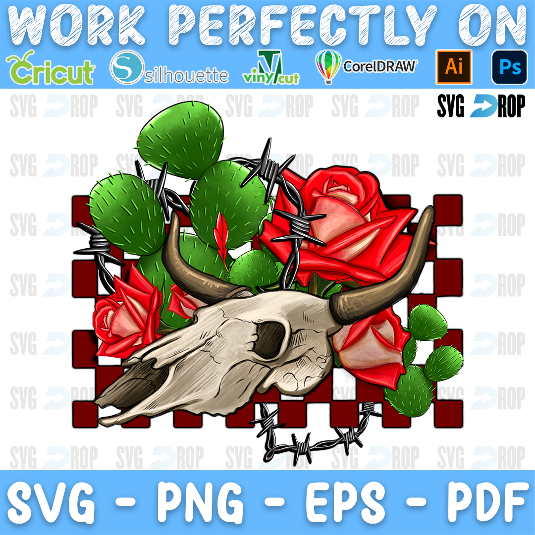 Bull Skull Rose and Cactus PNG